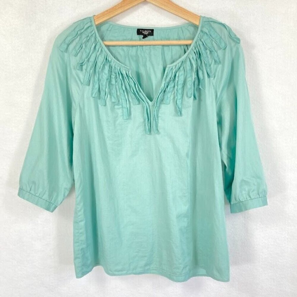 Talbots Sea Foam Green Notch Neck Cotton Sateen 3/4 Sleeve Blouse Small